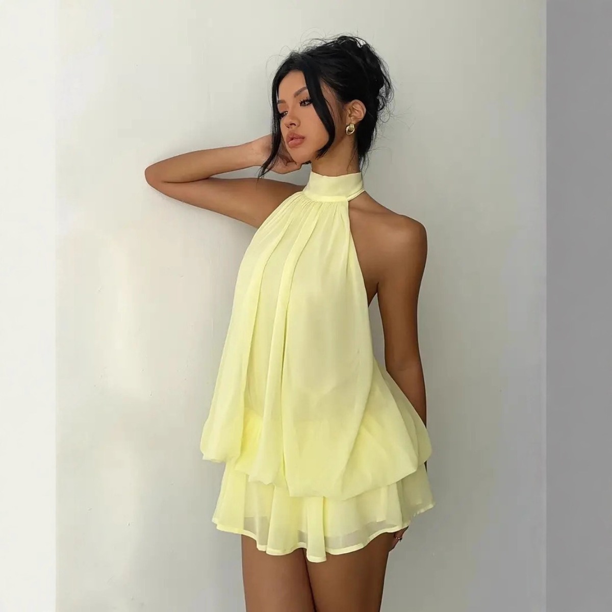 Y2K Backless Halter Mini Dress - Women's Halter Neck Dress, Backless Tie-Front