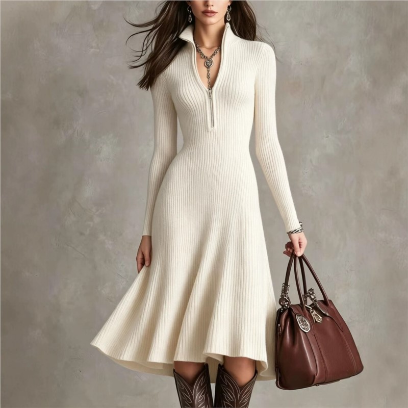 Bodycon Long Sleeve Ribbed Dress - Women Ribbed Knit Midi Dress Autumn