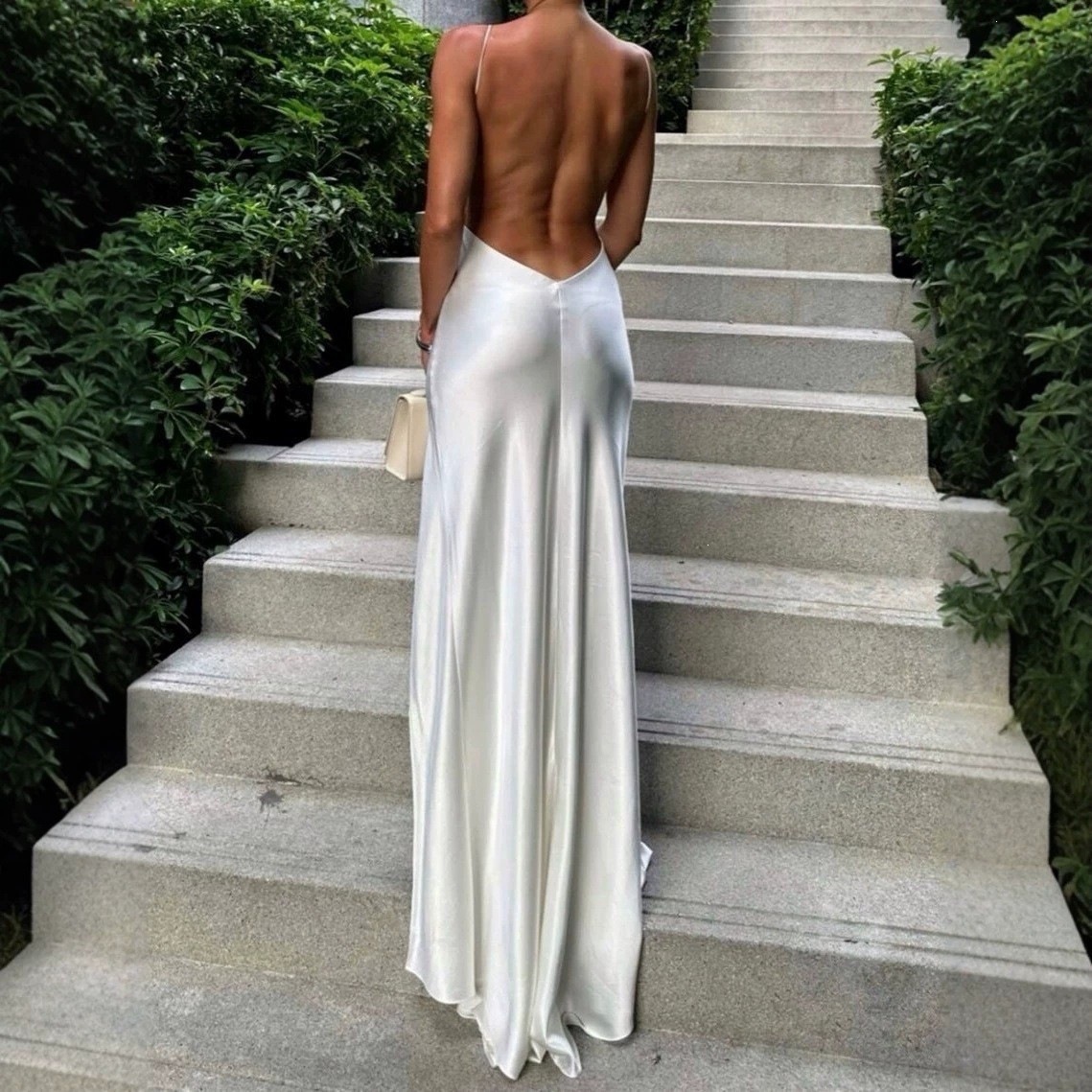 White Satin Maxi Evening Dress - Elegant Satin Evening Gown Split 评论和价格