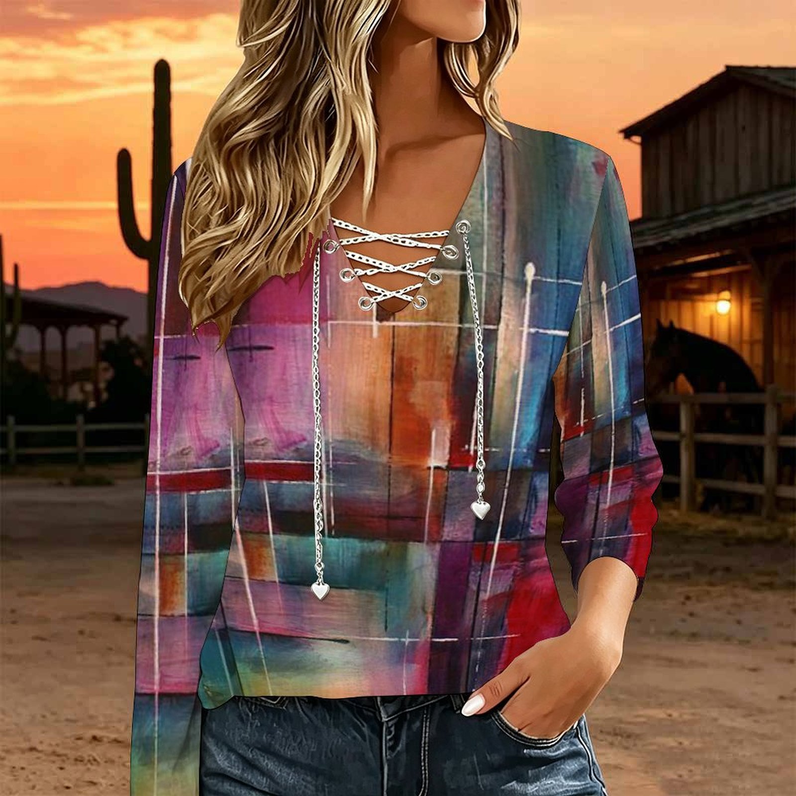 Women V Neck Long Sleeve Top M - Blouses 评论和价格
