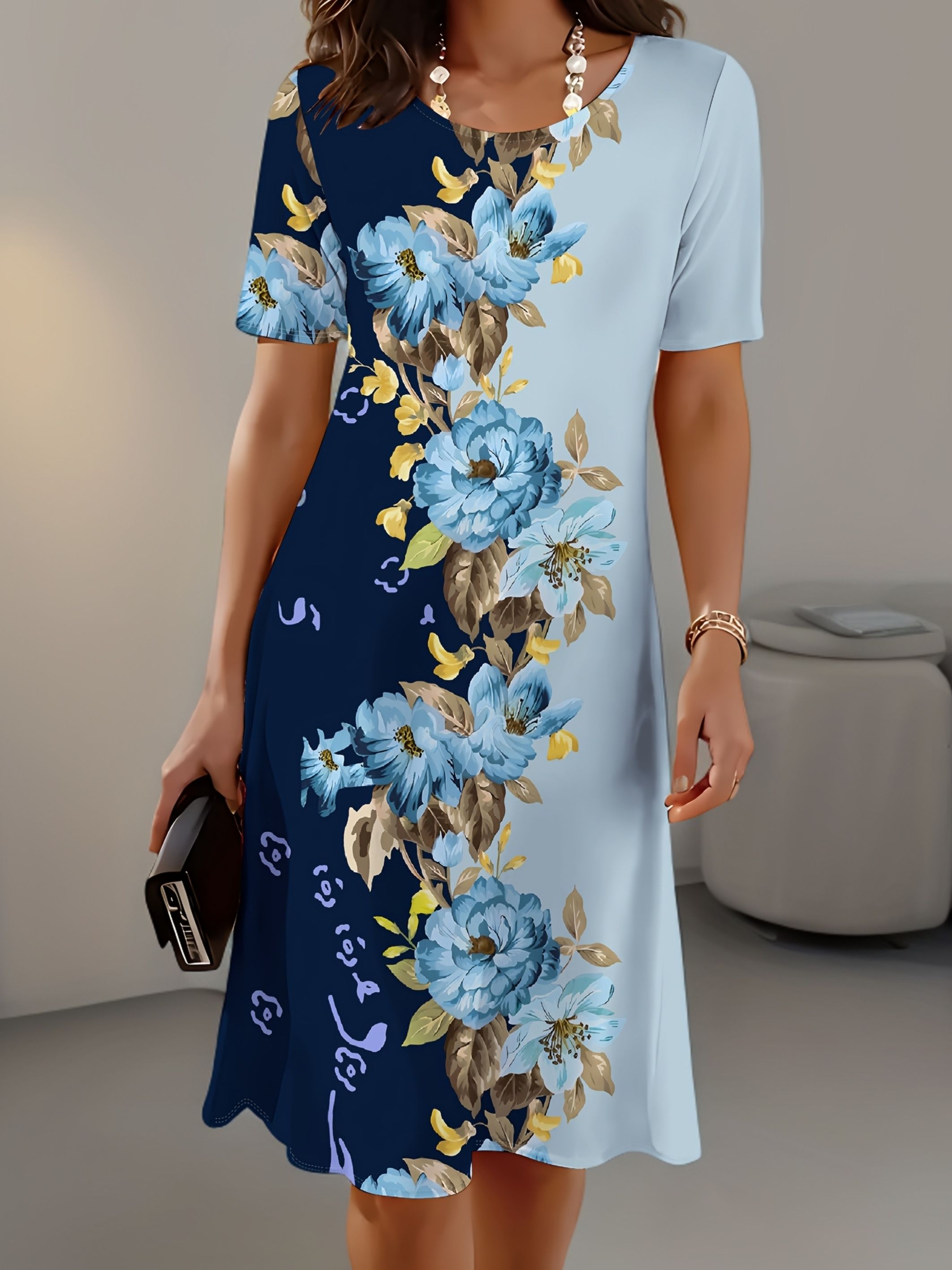 New Women Slim Summer 3D Print - French Vintage Floral Midi Dress 评论和价格