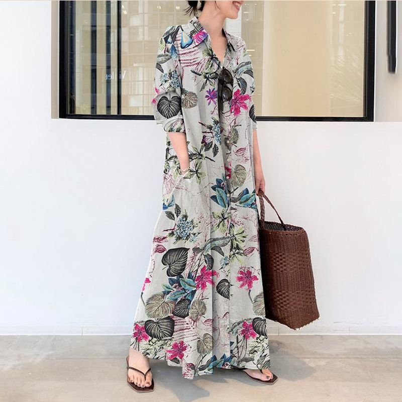 Autumn new plus size casual co - Casual Loose Linen Shirt Dress 评论和价格