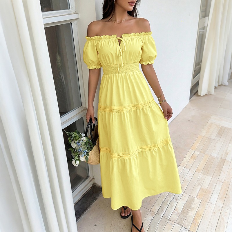 Summer Bohemian Women Yellow O - Off Shoulder Puff Sleeve Sundress 评论和价格