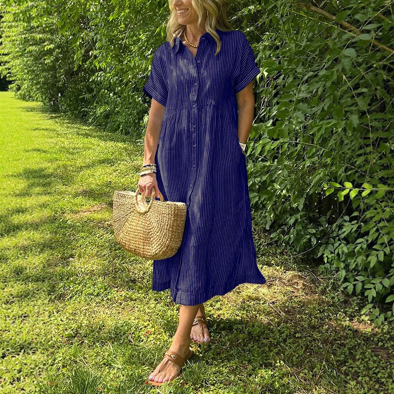 Women Striped Shirt Dress Summ - Casual Loose Linen Shirt Dress 评论和价格