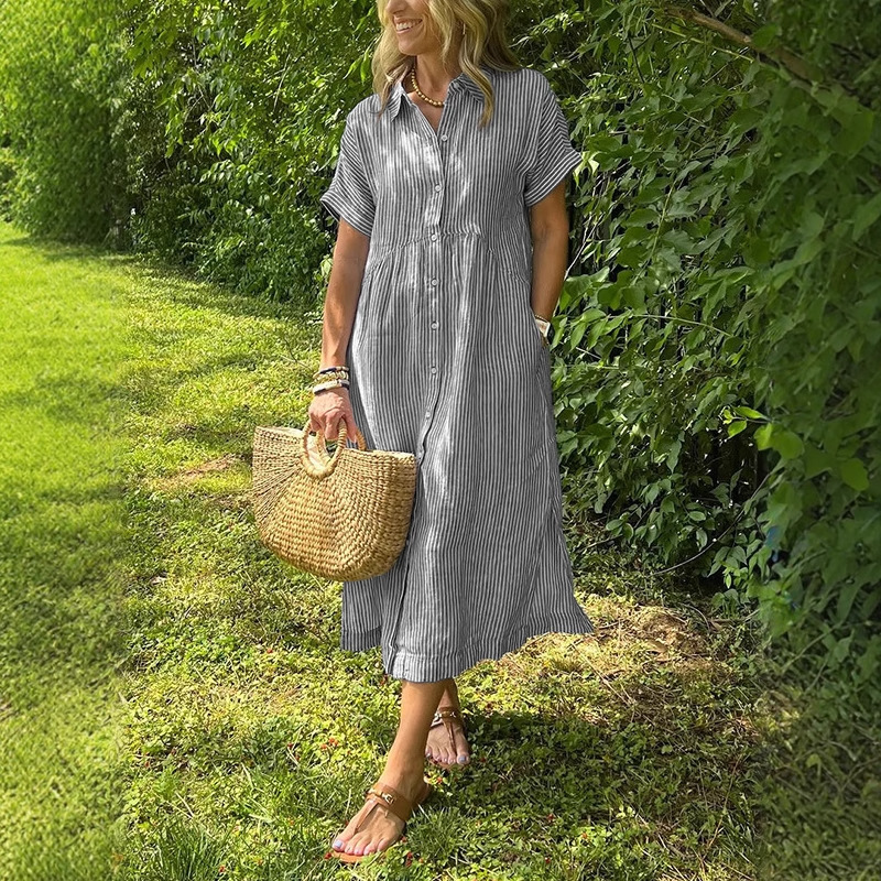 Women Striped Shirt Dress Summ - Casual Loose Linen Shirt Dress 评论和价格