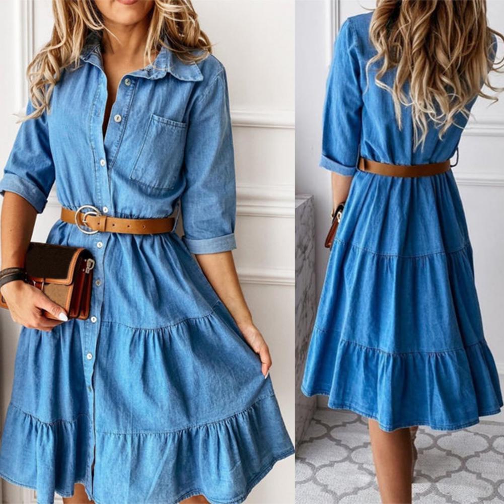 Denim Dress Three Quarter Slee - French Vintage Floral Midi Dress 评论和价格