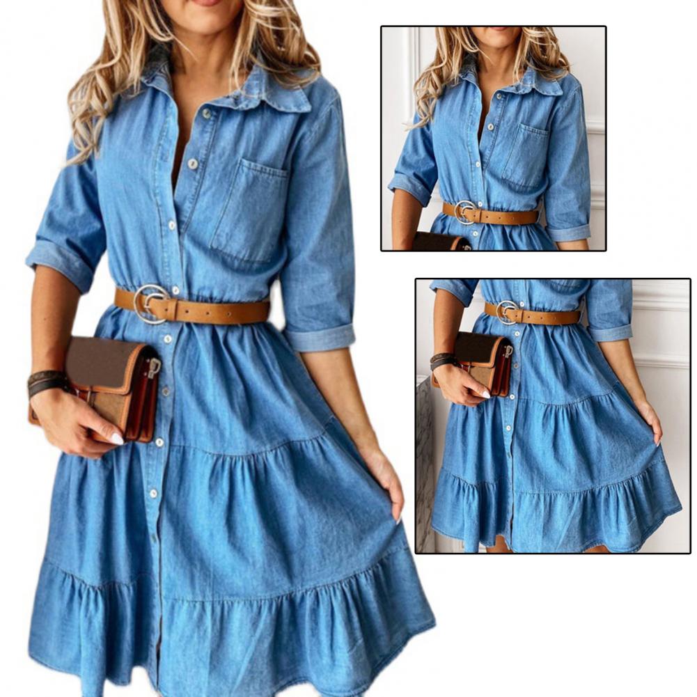 Denim Dress Three Quarter Slee - French Vintage Floral Midi Dress 评论和价格